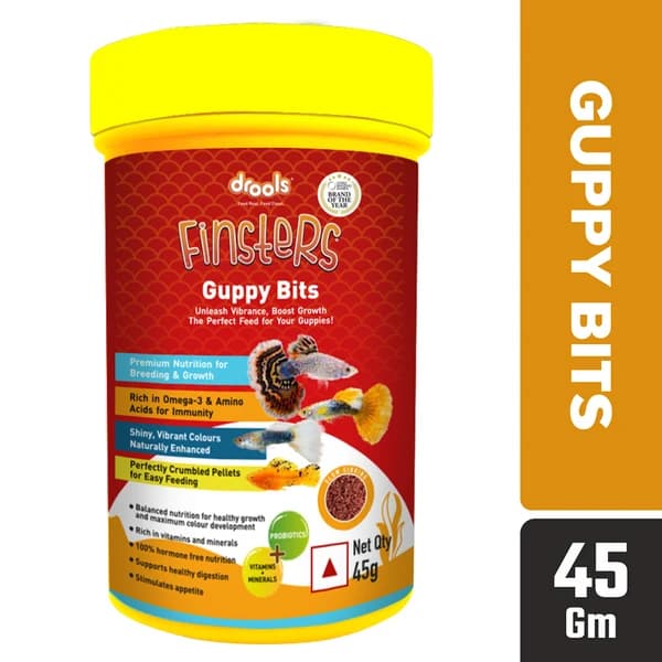 Drools Finsters Guppy Bits Fish Food – Advanced Ultra-Fine Crumbled Diet (<0.4 mm) with 30% Protein, Marine Proteins, Krill, Spirulina, Astaxanthin Color Boosters & Probiotic Digestive Care for Guppies & Small Tropical Fish