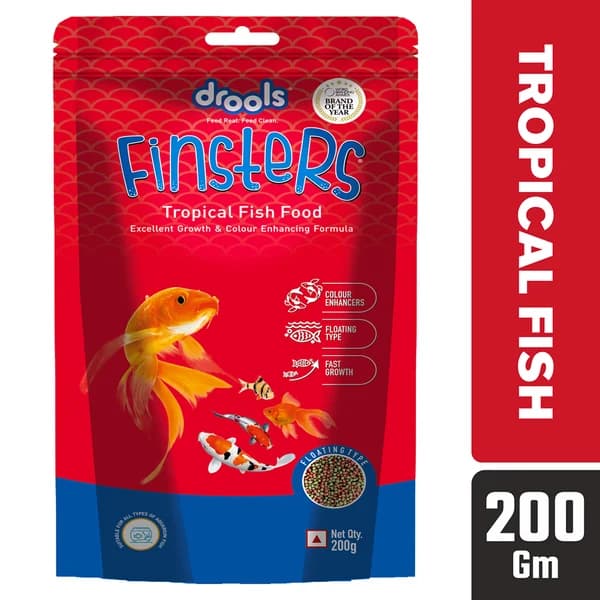 Drools Finsters Tropical 1mm Small Fish Food – Complete Daily Staple Diet with 24% Protein, Natural Color Boost, Fast Growth, Digestive Support & Water-Clean Technology for Tropical Fish & Goldfish