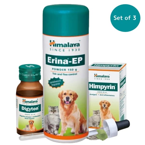 Himalaya Pet Comfort & Care 3-in-1 Essential First-Aid & Wellness Combo for Dogs & Cats – Himpyrin Drops (30ml) + Digyton Drops (30ml) + Erina-EP Powder (150g)