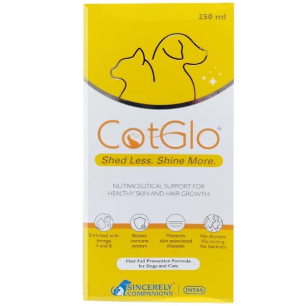 Intas Cotglo (Intacal Cotglo) Omega 3 & 6 Essential Fatty Acids, Biotin, Zinc & Antioxidant Skin & Coat Conditioning Tonic for Dogs & Cats (250ml Dispensing Bottle)