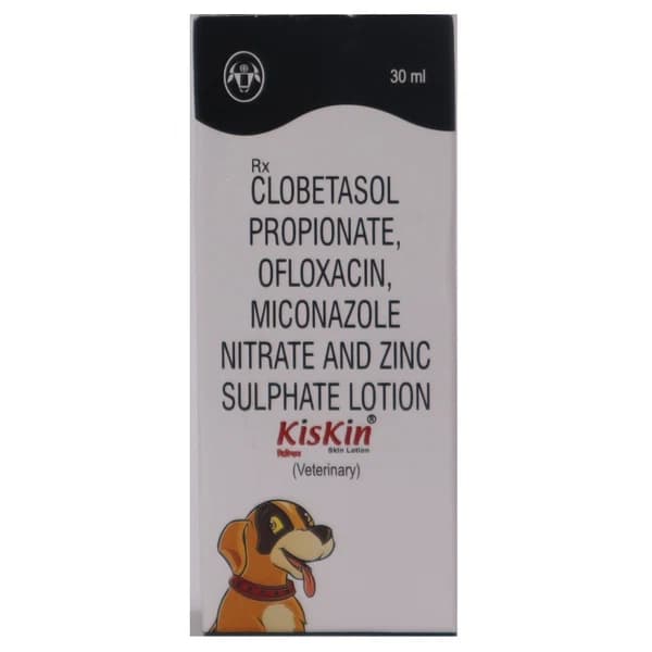 Intas Kiskin 4-in-1 Broad-Spectrum Medicated Dermatological Skin Lotion for Dogs & Cats (Clobetasol Propionate, Ofloxacin, Miconazole Nitrate & Zinc Sulphate) – 100ml / 30ml Dispensing Bottle