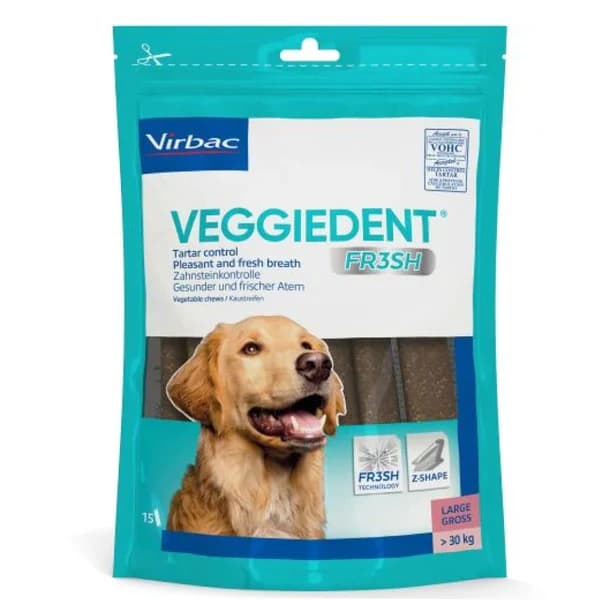 Virbac VeggieDent FR3SH Tartar Control & Fresh Breath Plant-Based Dental Chews for Large Dogs (>30kg) – 15 Chews Pouch (490g)