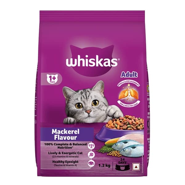 Whiskas Mackerel Flavour Complete & Balanced Dry Cat Food for Adult Cats (1+ Years