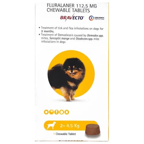 MSD Animal Health Bravecto 112.5mg (Fluralaner) 12-Week Long-Acting Chewable Tick & Flea Control Tablet for Toy & Very Small Dogs (2 to 4.5 kg, 1 Chewable Tablet)