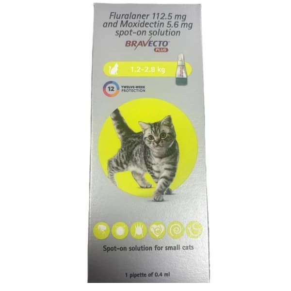 MSD Animal Health Bravecto 112.5mg (Fluralaner 112.5mg + Moxidectin 5.6mg) 12-Week Long-Acting Topical Spot-On Solution for Small Cats & Kittens (1.2 to 2.8 kg, 1 Pipette / Tube)