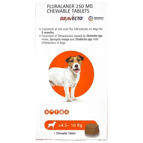 MSD Animal Health Bravecto 250mg (Fluralaner) 12-Week Long-Acting Chewable Tick & Flea Control Tablet for Small Dogs (4.5 to 10 kg, 1 Chewable Tablet)