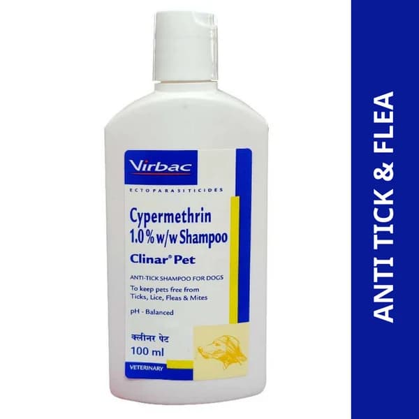 Virbac Clinar Pet Medicated Anti-Tick, Flea & Lice Shampoo for Dogs (Cypermethrin 1% w/w) – 100ml Bottle