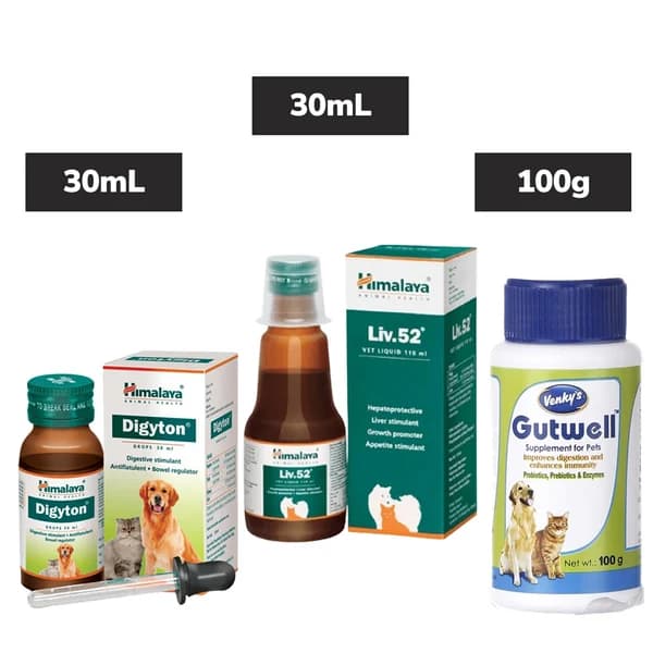 Himalaya Digyton Drops (30ml), Liv.52 Pet Liquid (30ml) & Venky's Gutwell Pre & Probiotic Powder (100g) Complete Gastrointestinal, Hepatic & Microbiome Support Combo for Dogs & Cats