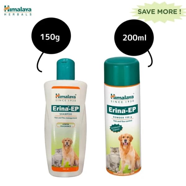 Himalaya Erina-EP Complete Anti-Tick & Flea Defense Combo for Dogs & Cats – Erina-EP Shampoo (Lemon Fragrance, 200ml) + Erina-EP Dusting Powder (150g)