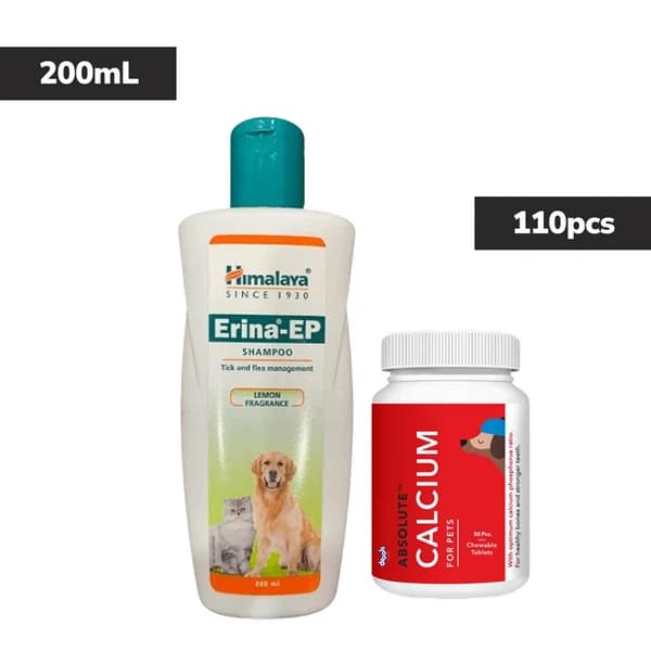 Himalaya Erina-EP Tick & Flea Shampoo (Lemon Fragrance, 200ml) with Drools Absolute Calcium Dog Supplement Tablets (110 Tablets) Health & Hygiene Combo
