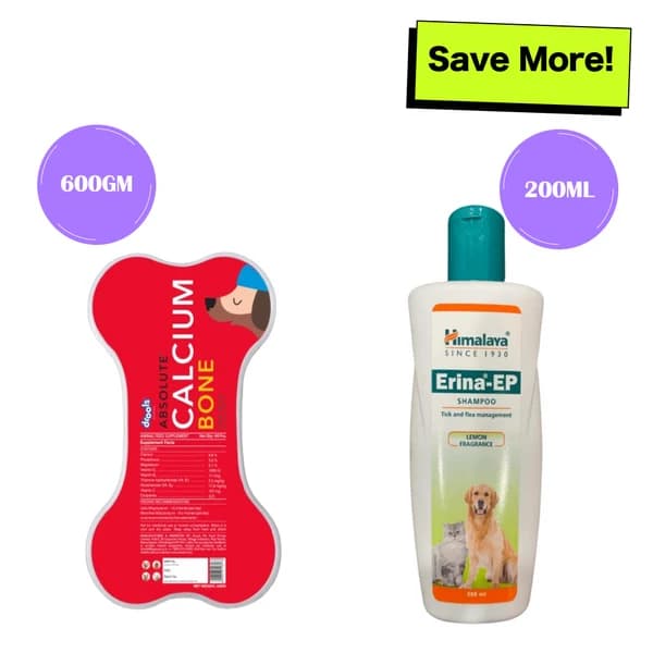 Himalaya Erina-EP Tick & Flea Shampoo (Lemon Fragrance, 200ml) with Drools Absolute Calcium Bone Treats (600g / 40 Pieces Jar) Hygiene & Dental Chews Dog Combo
