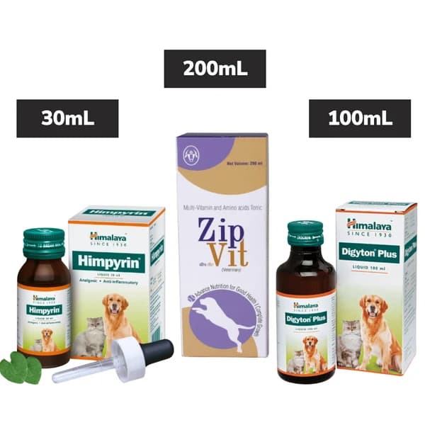 Himalaya Himpyrin Drops (30ml), Digyton Plus Syrup (100ml) & Intas Zipvit Multivitamin Syrup (200ml) Complete Pet Recovery, Digestive & Vitality Combo for Dogs & Cats