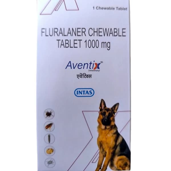 Intas Aventix 1000mg Long-Acting Systemic Ectoparasiticide Chewable Tablet for Large Dogs (20kg to 40kg) โ Fluralaner 1000mg (Single Chewable Tablet Pack)