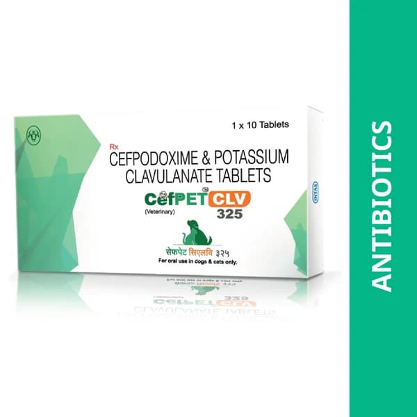 Intas Cefpet CLV 325mg Potentiated 3rd-Generation Cephalosporin Antibiotic Tablets for Dogs & Cats (Cefpodoxime Proxetil 200mg + Potassium Clavulanate 125mg) โ Strip of 10 Tablets