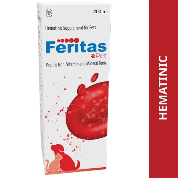 Intas Feritas Pet Advanced Hematinic, Erythropoietic & Red Blood Cell (RBC) Rebuilding Oral Syrup for Dogs & Cats with Iron, Copper, Cobalt, Vitamin B6, Vitamin B12 & Folic Acid (200ml Dispensing Bottle)