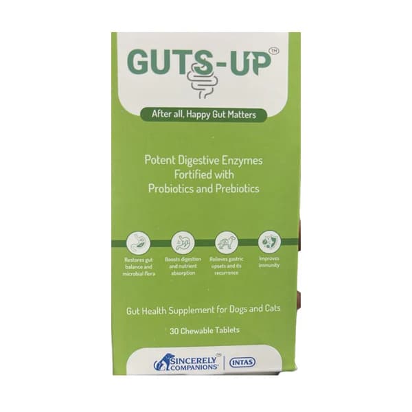 Intas Guts-Up Multi-Strain Synbiotic Probiotic, Prebiotic & Comprehensive Digestive Enzyme Chewable Tablets for Dogs & Cats