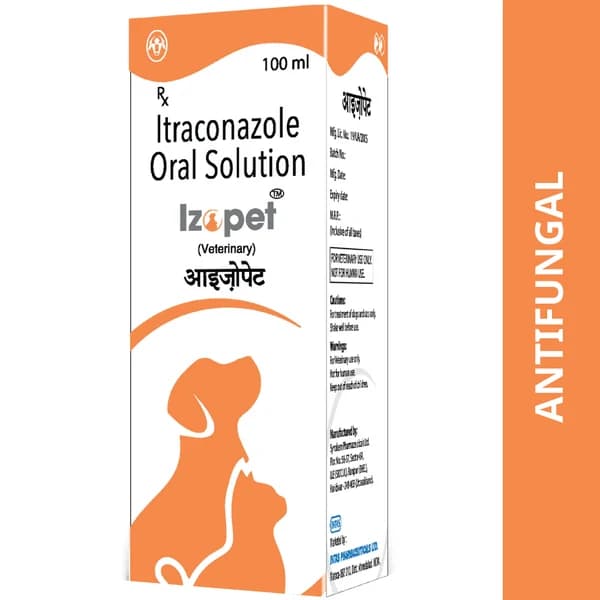 Intas Izopet Systemic Triazole Antifungal Oral Solution for Dogs & Cats โ Itraconazole IP 10mg/ml (100ml Dispensing Bottle with Calibrated Measuring Cap)