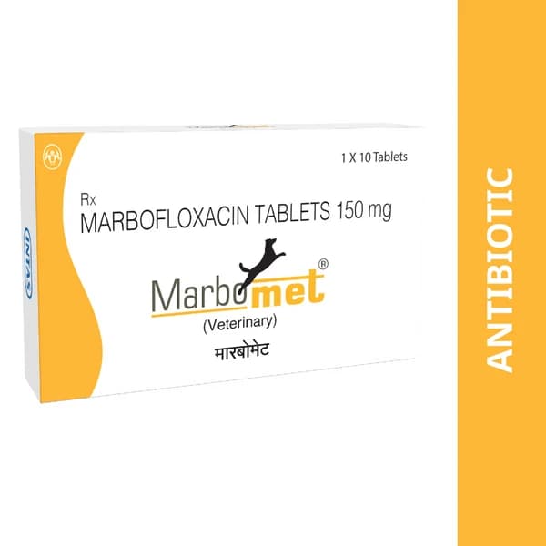 Intas Marbomet 150mg Advanced Veterinary Fluoroquinolone Antibacterial Tablets for Dogs & Cats – Marbofloxacin 150mg (Blister Strip of 6 Tablets)