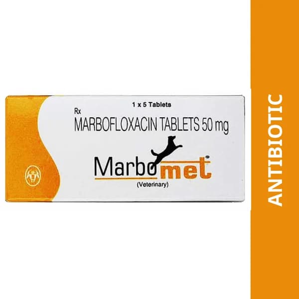 Intas Marbomet 50mg Advanced Veterinary Fluoroquinolone Antibacterial Tablets for Small to Medium Dogs & Cats – Marbofloxacin 50mg (Blister Strip of 6 Tablets)