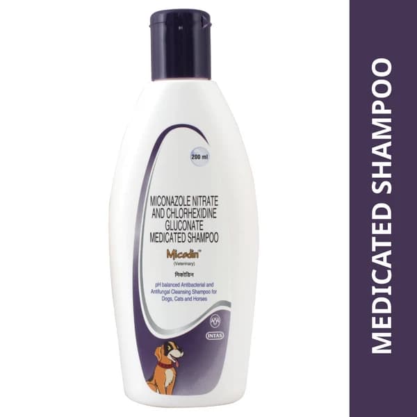Intas Micodin Medicated Dual-Action Antifungal & Antibacterial Therapeutic Shampoo for Dogs & Cats (Miconazole Nitrate 2% w/v + Chlorhexidine Gluconate 2% w/v) – 200ml Dispensing Bottle