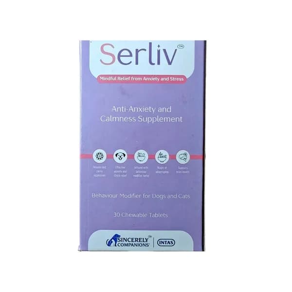 Intas Serliv Neuro-Calming, Anxiolytic & Stress-Relief Chewable Tablets for Dogs & Cats