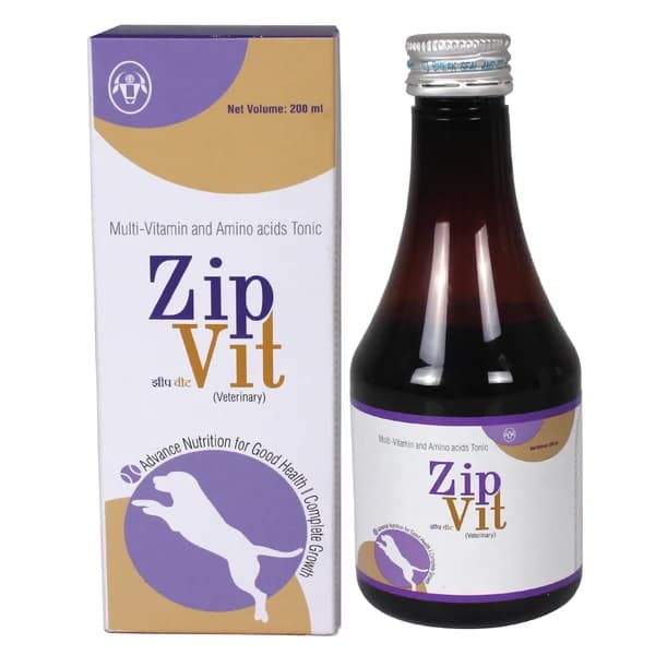 Intas Zipvit Comprehensive Multivitamin, Essential Amino Acids, Taurine & L-Carnitine Vitality Tonic Syrup for Dogs & Cats (200ml Dispensing Bottle with Measuring Cap)