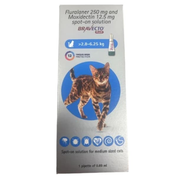 MSD Animal Health Bravecto 250mg (Fluralaner 250mg + Moxidectin 12.5mg) 12-Week Long-Acting Topical Spot-On Solution for Medium Cats (>2.8 to 6.25 kg, 1 Pipette)