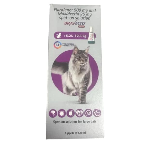 MSD Animal Health Bravecto 500mg (Fluralaner 500mg + Moxidectin 25mg) 12-Week Long-Acting Topical Spot-On Solution for Large Cats (>6.25 to 12.5 kg, 1 Pipette / Tube)