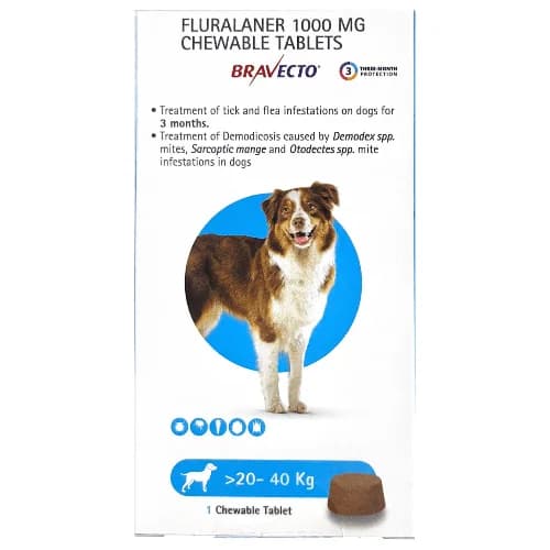 MSD Animal Health Bravecto 1000mg (Fluralaner) 12-Week Long-Acting Chewable Tick & Flea Control Tablet for Large Dogs (20 to 40 kg, 1 Chewable Tablet)