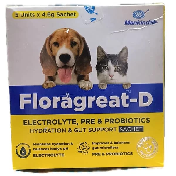 Pet Mankind Floragreat-D Electrolyte, Pre & Probiotics Gut Support & Hydration Sachet for Dogs and Cats (Pack of 5 x 4.6g)