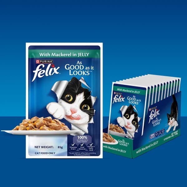 Purina Felix "As Good As It Looks" Adult Complete & Balanced Cat Wet Food – Flaked Mackerel Chunks in Succulent Savory Jelly (85g Pouch / Multipack Formats)