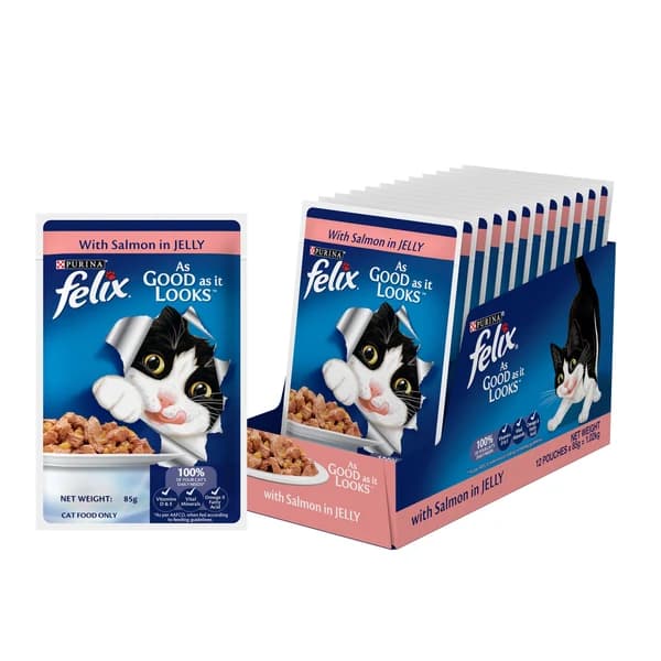 Purina Felix "As Good As It Looks" Adult Cat Complete & Balanced Wet Food – Savory Salmon Pieces in Succulent Jelly (85g Pouch & Multipack Formats)