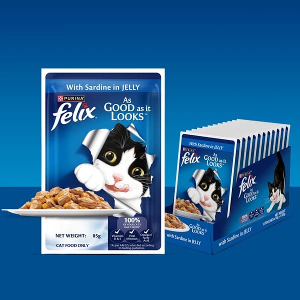 Purina Felix "As Good As It Looks" Adult Complete & Balanced Cat Wet Food – Real Sardine Pieces in Savory Jelly (85g Pouch / Multipack Formats)