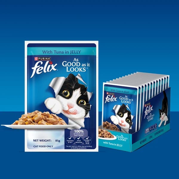 Purina Felix "As Good As It Looks" Adult Complete & Balanced Cat Wet Food – Flaked Tuna Pieces in Savory Jelly (85g Pouch / Multipack Formats)