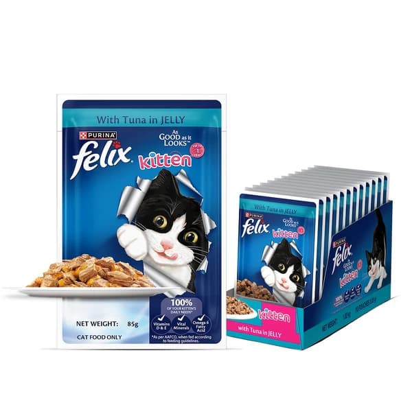Purina Felix "As Good As It Looks" Complete & Balanced Kitten Wet Cat Food – Flaked Tuna Chunks in Savory Jelly (85g Pouch & Multipack Formats)