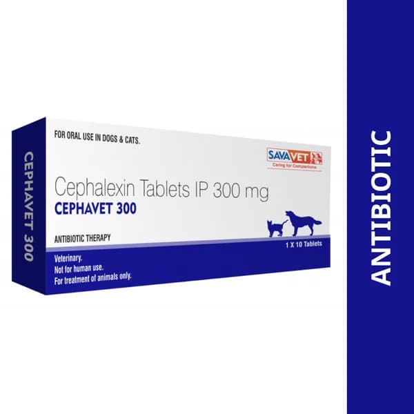 Savavet Cephavet 300mg (Cephalexin IP) First-Generation Broad-Spectrum Antibacterial Tablets for Dogs & Cats (Strip of 10 Tablets)