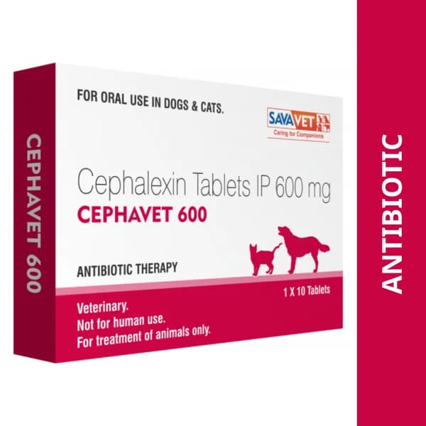 Savavet Cephavet 600mg (Cephalexin IP) First-Generation Broad-Spectrum Antibacterial Tablets for Dogs & Cats (Strip of 10 Tablets)