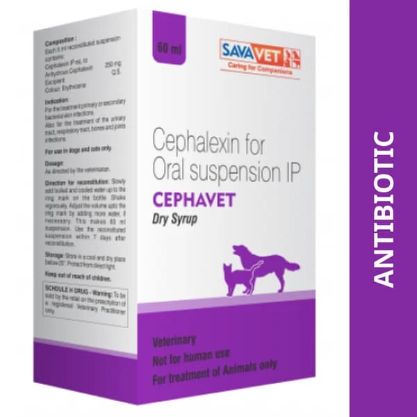 Savavet Cephavet (Cephalexin IP 250mg/5ml) Broad-Spectrum Antibacterial Oral Dry Syrup for Puppies, Kittens, Small Dogs & Cats (60ml Bottle with Measuring Device)