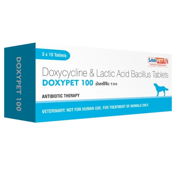 Savavet Doxypet (Doxycycline Hydrochloride IP + Lactic Acid Bacillus) Broad-Spectrum Antibacterial & Anti-Rickettsial Tablets for Dogs & Cats (Strip of 10 Tablets)