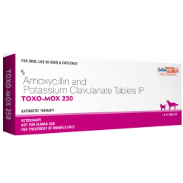 Savavet Toxo-Mox (Amoxicillin Trihydrate IP + Potassium Clavulanate IP) Potentiated Broad-Spectrum Antibacterial Tablets for Dogs & Cats (Pack of 10 Tablets)