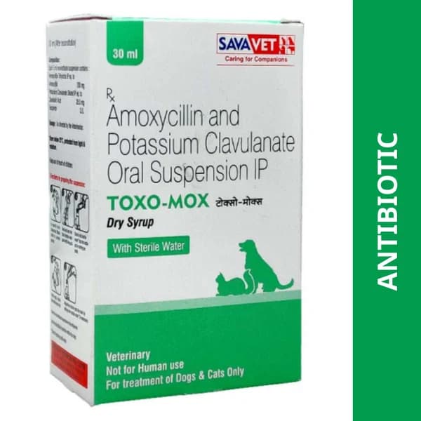 Savavet Toxo-Mox (Amoxicillin Trihydrate IP + Potassium Clavulanate IP) Potentiated Broad-Spectrum Antibacterial Oral Dry Syrup for Puppies, Kittens, Small Dogs & Cats (30ml Reconstitutable Bottle)