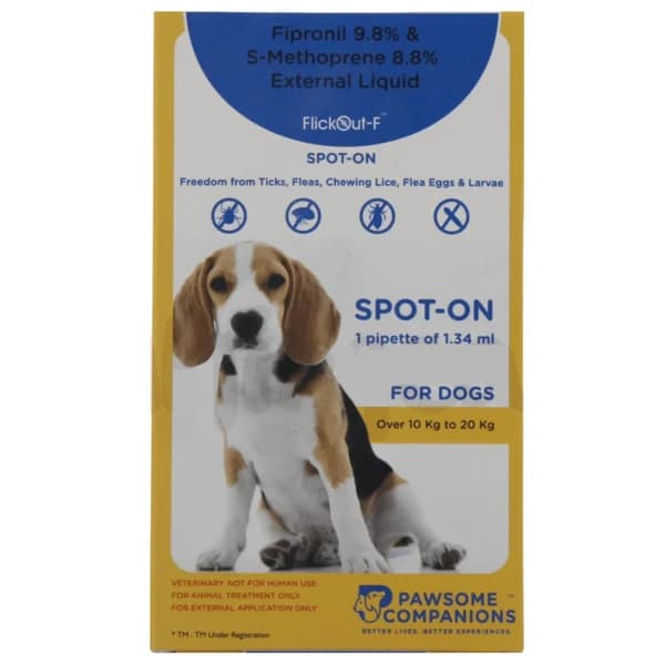 Scientific Remedies FlickOut F Spot On for Medium Dogs (10–20 kg) – Dual-Action Topical Ectoparasiticide with Fipronil & S-Methoprene for Rapid Flea, Tick & Lice Eradication (1.34 ml Pipette)