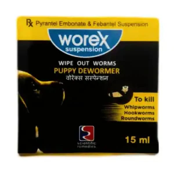 The Scientific Remedies Worex Suspension Puppy Dewormer (15 ml) is a broad-spectrum, safe oral suspension formulated specifically for young puppies to control and eliminate common intestinal parasites.