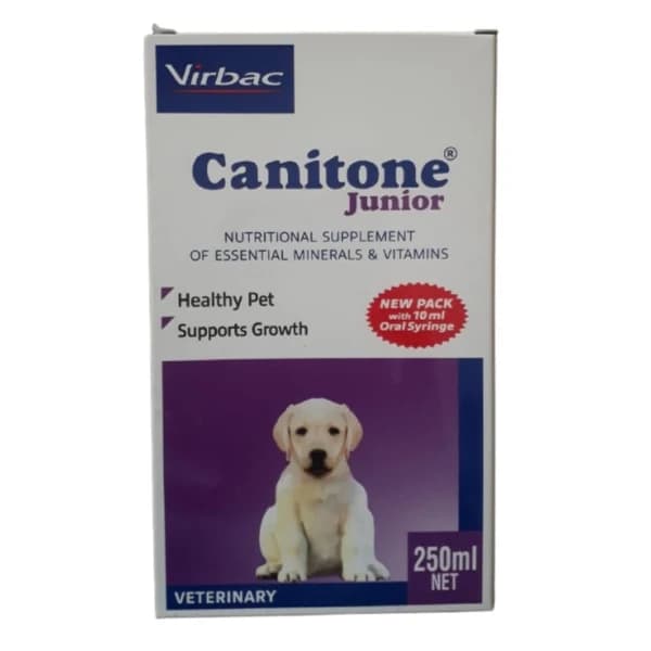 Virbac Canitone Junior Multivitamin & Growth Immunity Liquid Supplement Syrup for Puppies & Kittens (Calcium, Phosphorus, Iodine, B-Complex & Vitamin D3) – Palatable Strawberry Flavour (250ml Dispensing Bottle)