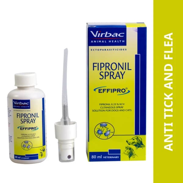 Virbac Effipro Fast-Acting Topical Anti-Tick, Flea & Lice Cutaneous Spray (Fipronil 0.25% w/v) for Dogs & Cats (80ml Metered Dispenser Bottle)