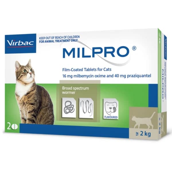 Virbac Milpro Broad-Spectrum Dewormer Film-Coated Liver-Flavoured Tablets for Adult Cats (Above 2kg) – Milbemycin Oxime 16mg + Praziquantel 40mg (Blister Strip Pack)