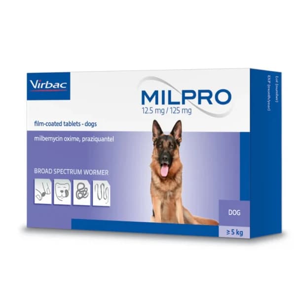 Virbac Milpro Broad-Spectrum Dewormer Film-Coated Meat-Flavoured Tablets for Dogs (>5kg) – Milbemycin Oxime 12.5mg + Praziquantel 125mg (Pack of 4 Tablets / 2x2 Blister Strip)