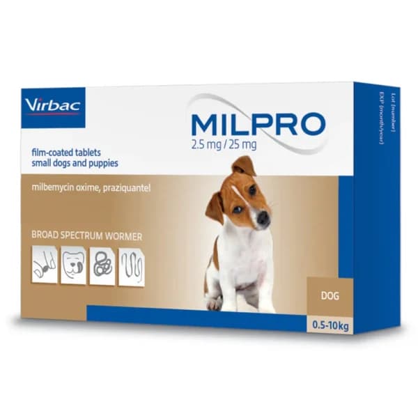 Virbac Milpro Broad-Spectrum Dewormer Film-Coated Meat-Flavoured Tablets for Small Breed Dogs & Puppies (0.5kg to 10kg)