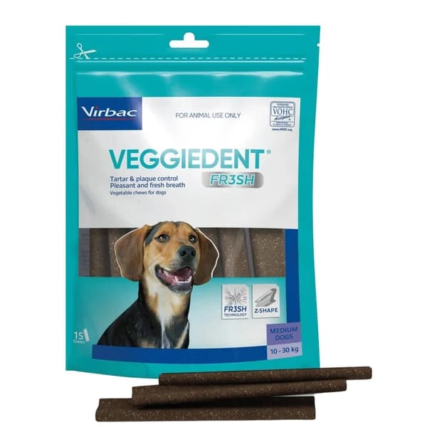 Virbac VeggieDent FR3SH Tartar Control & Fresh Breath Plant-Based Dental Chews for Medium Dogs (10kg to 30kg) – 15 Chews Pouch (350g)
