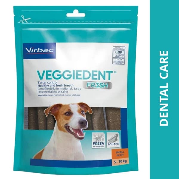 Virbac VeggieDent FR3SH Tartar Control & Fresh Breath Plant-Based Dental Chews for Small Dogs (<10kg) – 15 Chews Pouch (224g)